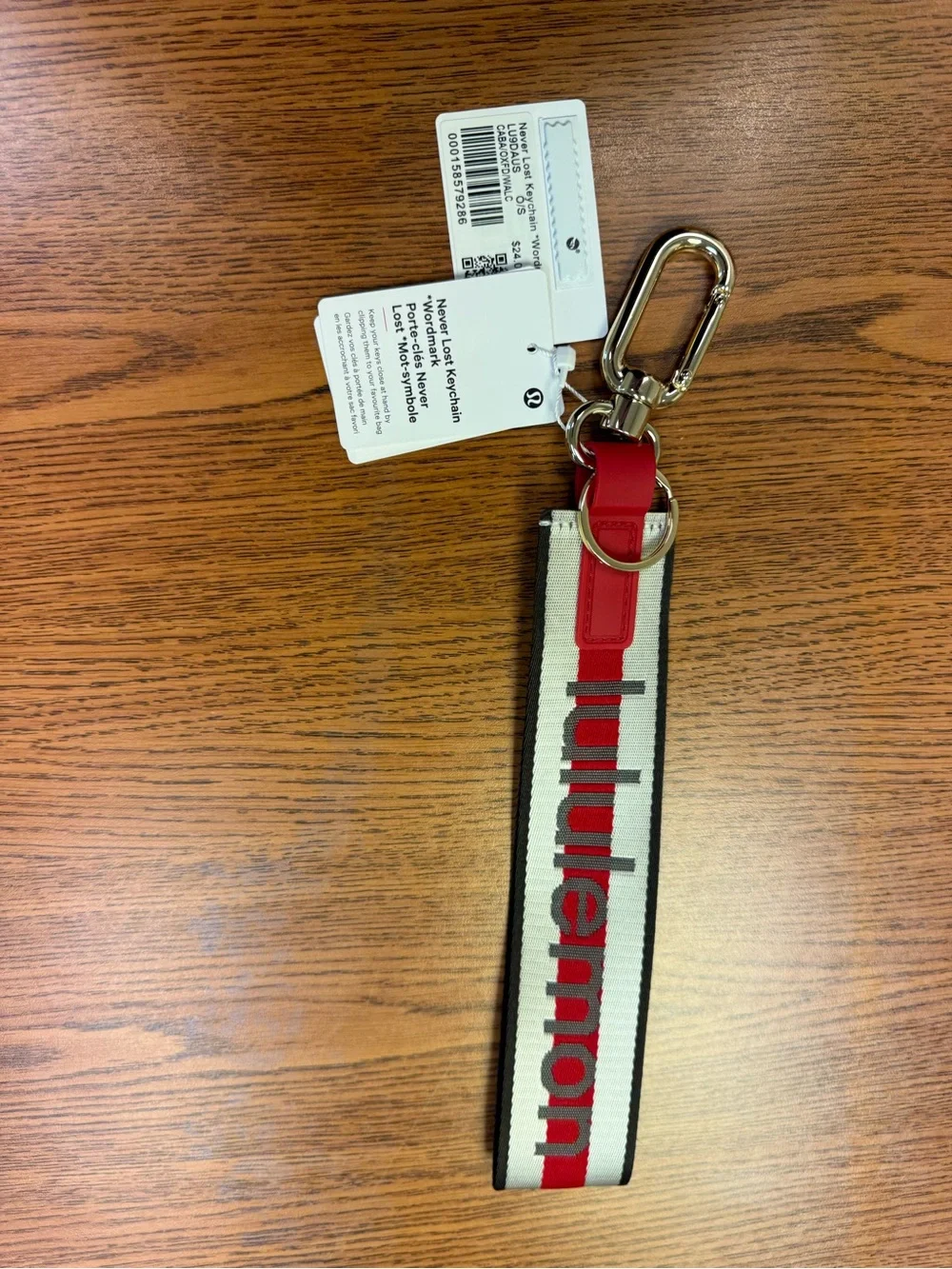 lululemon athletica Red & Cream Branded Keychain Wristlet with Metal Clip